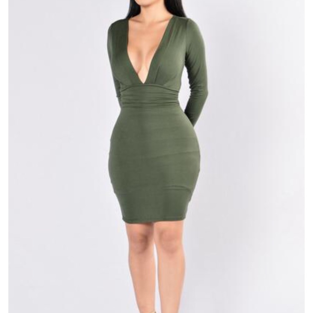 Fashion Nova V-Neck Dress - Hunter Green - Small